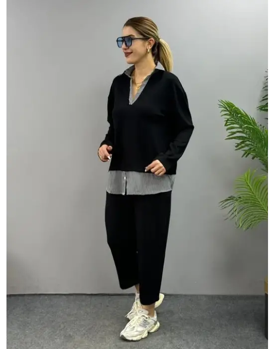 Polo Yaka Gömlek Detay Salaş Balon Pantolunlu ıkılı Takım