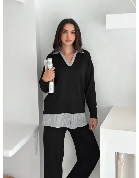 Polo Yaka Gömlek Detay Salaş Balon Pantolunlu ıkılı Takım