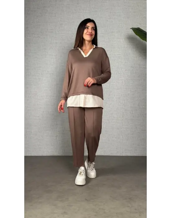 Polo Yaka Gömlek Detay Salaş Balon Pantolunlu ıkılı Takım