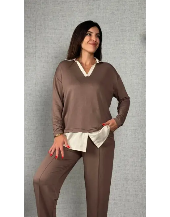 Polo Yaka Gömlek Detay Salaş Balon Pantolunlu ıkılı Takım