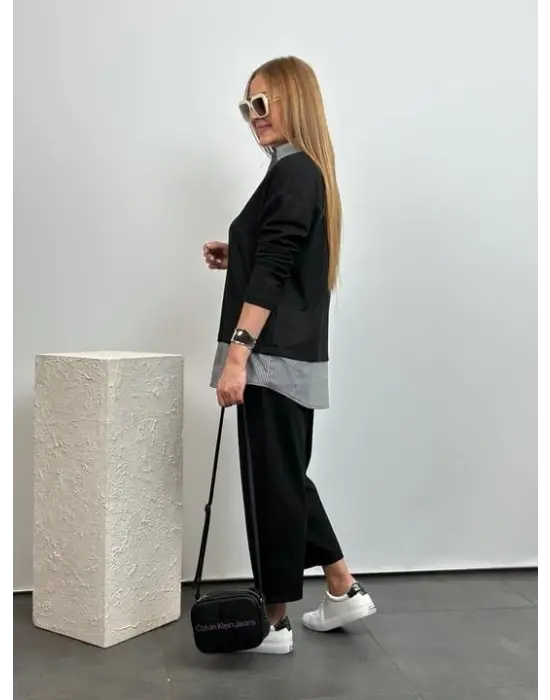 Polo Yaka Gömlek Detay Salaş Balon Pantolunlu ıkılı Takım