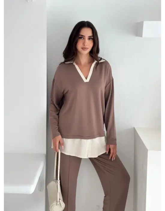 Polo Yaka Gömlek Detay Salaş Balon Pantolunlu ıkılı Takım