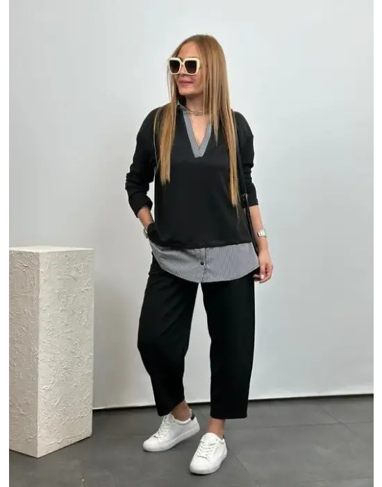 Polo Yaka Gömlek Detay Salaş Balon Pantolunlu ıkılı Takım