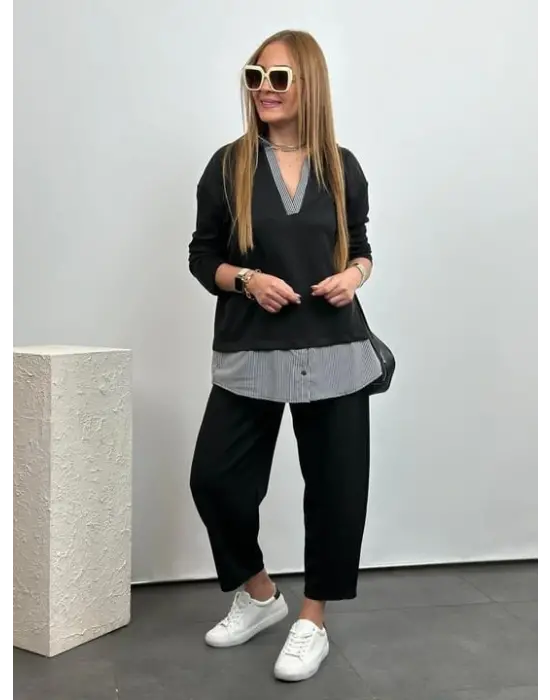 Polo Yaka Gömlek Detay Salaş Balon Pantolunlu ıkılı Takım