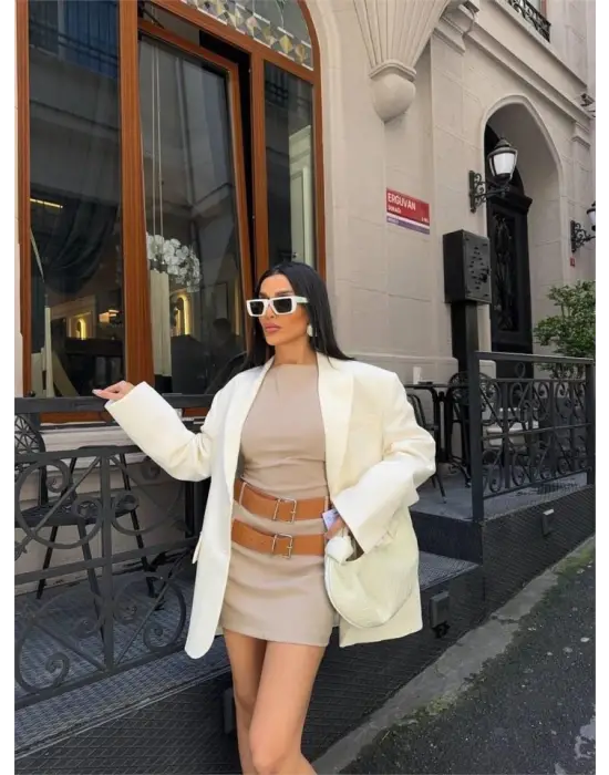 POLYVİSCON ÇİFT KEMER DETAYLI ELBİSE - Bej