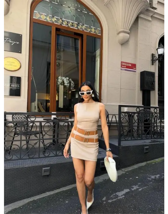 POLYVİSCON ÇİFT KEMER DETAYLI ELBİSE - Bej