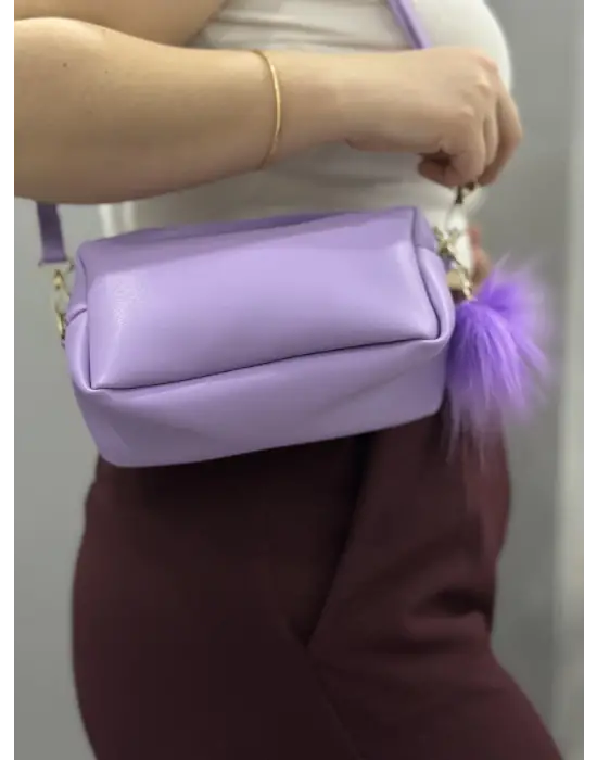 Omarı Mor Ponponlu Şık Cilt Çantası