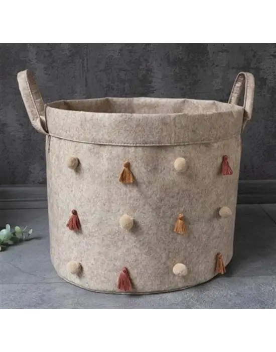 Omarı Çok Amaçlı Ponponlu Yuvarlak Keçe Saklama Kutusu Organizer (Maxi Boy)