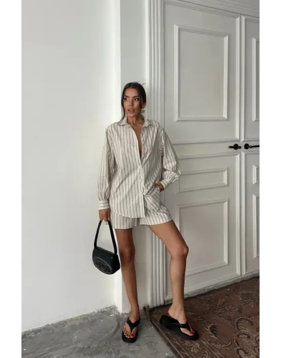 POPLİN ÇİZGİLİ GÖMLEK - ŞORT TAKIM - Bej