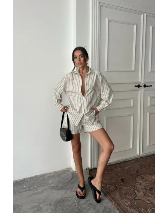 POPLİN ÇİZGİLİ GÖMLEK - ŞORT TAKIM - Bej