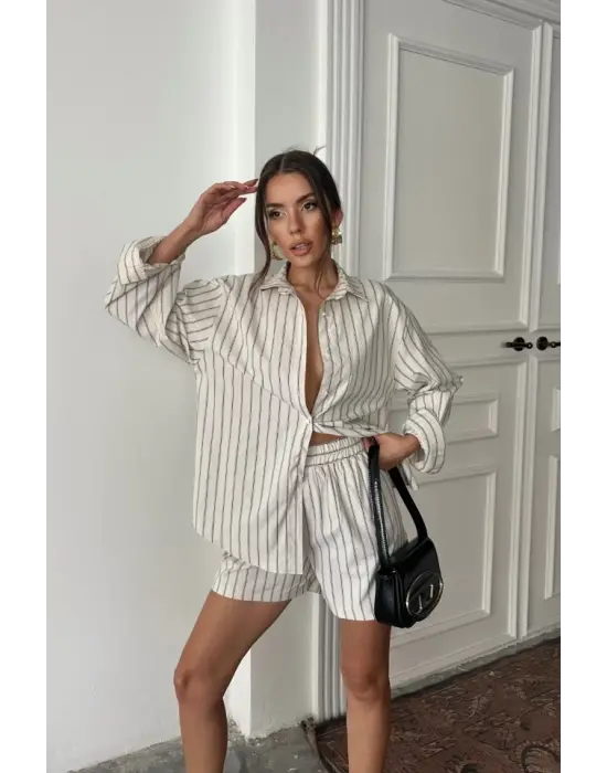 Omarı Çizgili Poplin Gömlek ve Şort Takımı - Bej