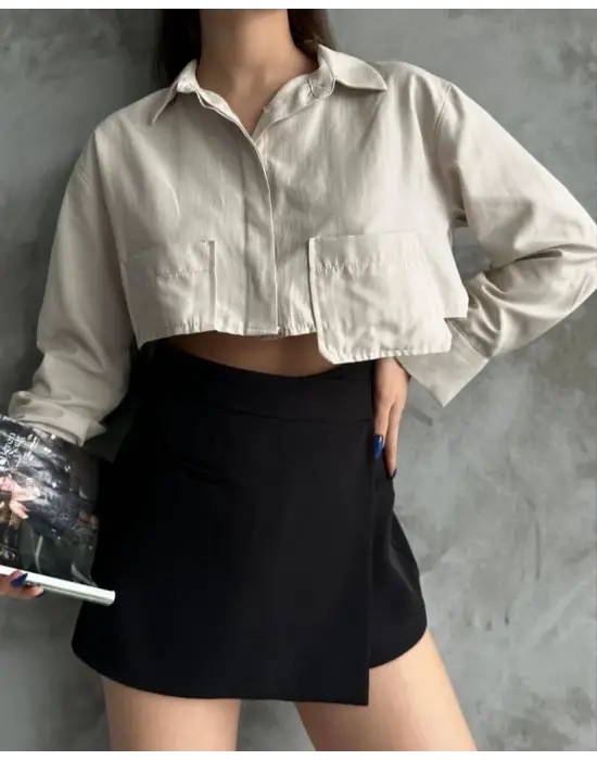 Poplin crop gömlek bej s3060