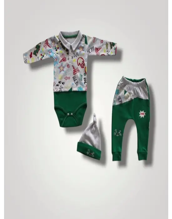 Omarı Şirin Power Kedi Nakışlı Bebek Takımı - Yeşil