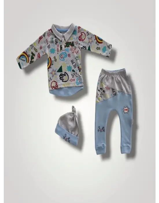 Omarı Power Kedi Nakışlı Bebek Sweat Takımı Mavi
