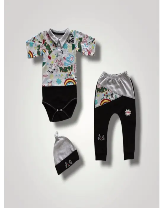 Omarı Kedi Nakışlı Power 3lü Bebek Takımı
