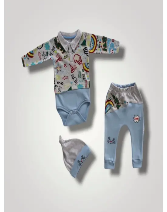 Omarı Canlı Renklerde Kedi Nakışlı Bebek 3lü Takım