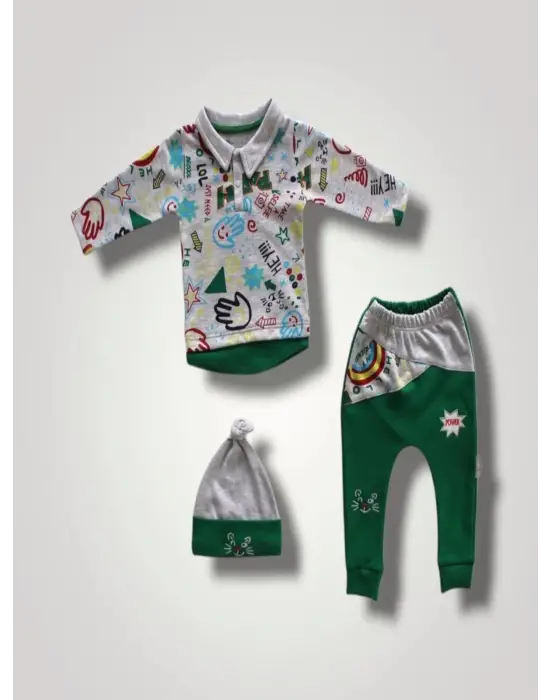 Omarı Kedi Nakışlı Bebek Sweat Takımı Yeşil