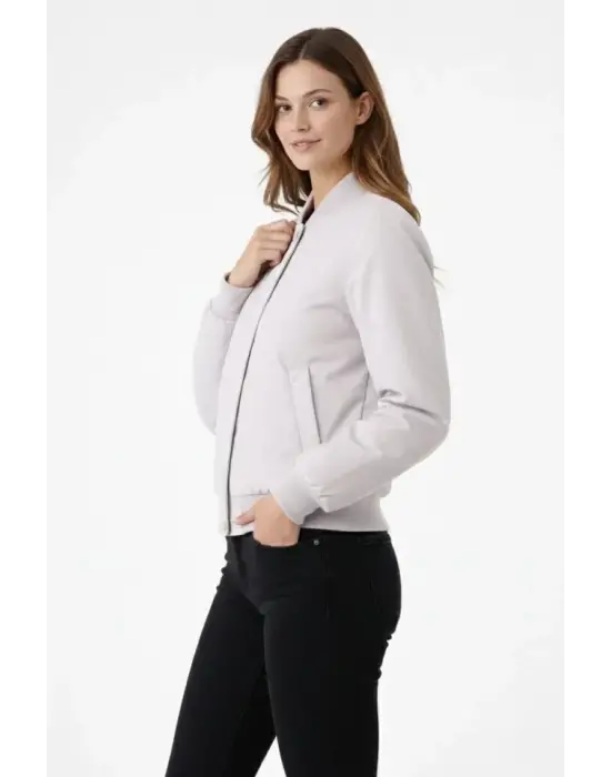 Premium Bomber Ceket Çıtçıt Kapamalı, Ribana Manşetli, Astarlı, Regular Fit Mont - Beyaz