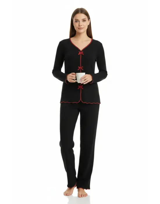 Premium Kadın 4’lü Fitilli Set – Siyah Kırmızı Biyeli (Pijama Üst, Pantolon, Bikini Takımı)