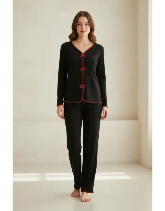 Premium Kadın 4’lü Fitilli Set – Siyah Kırmızı Biyeli (Pijama Üst, Pantolon, Bikini Takımı)