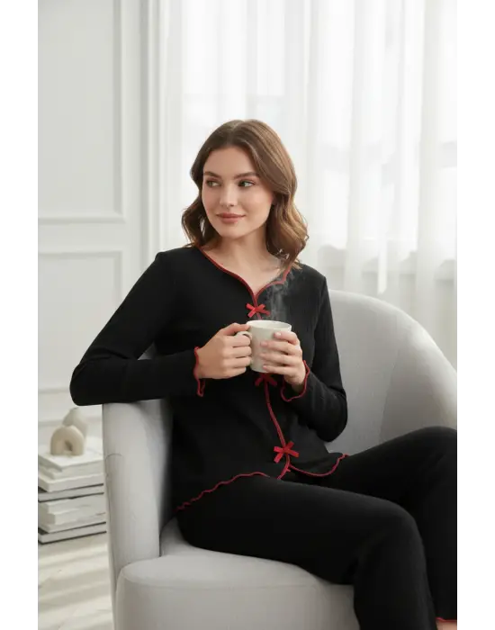 Premium Kadın 4’lü Fitilli Set – Siyah Kırmızı Biyeli (Pijama Üst, Pantolon, Bikini Takımı)