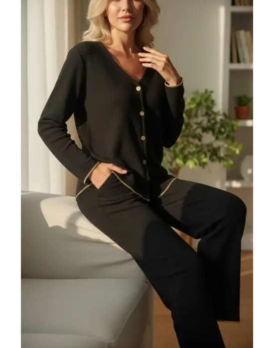 Premium Kadın Fitilli Pijama Takımı – Siyah Gold Biye Detaylı, Yumuşak Dokulu Ev Şıklığı