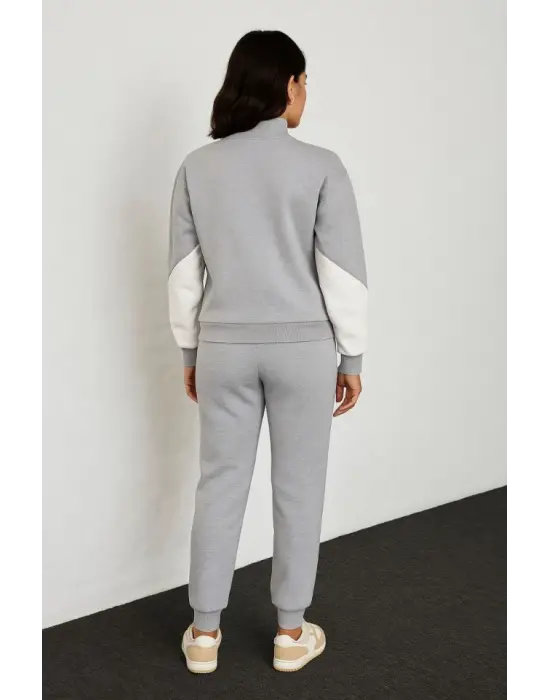 Premium Parçalı Eşofman Takım - Dik Yaka Fermuarlı Sweatshirt - Gri