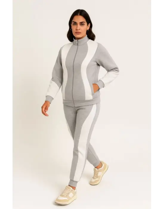 Premium Parçalı Eşofman Takım - Dik Yaka Fermuarlı Sweatshirt - Gri