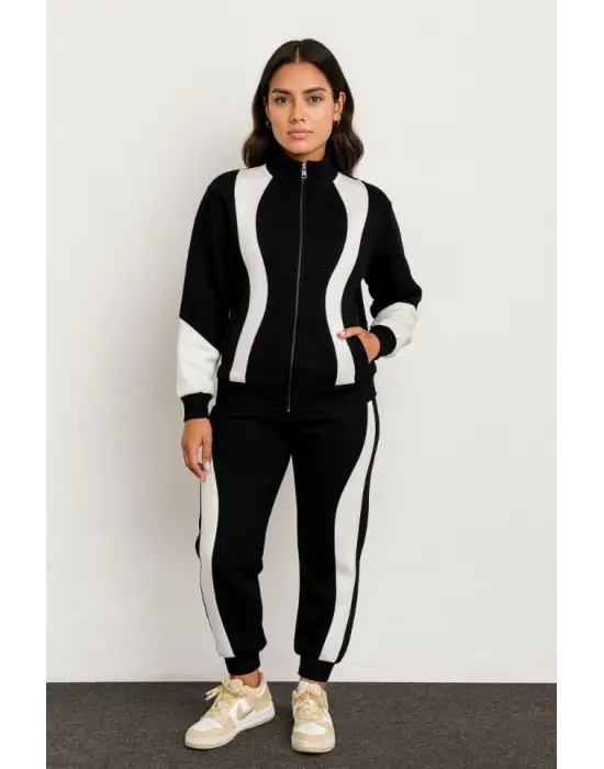 Premium Parçalı Eşofman Takım - Dik Yaka Fermuarlı Sweatshirt - Siyah