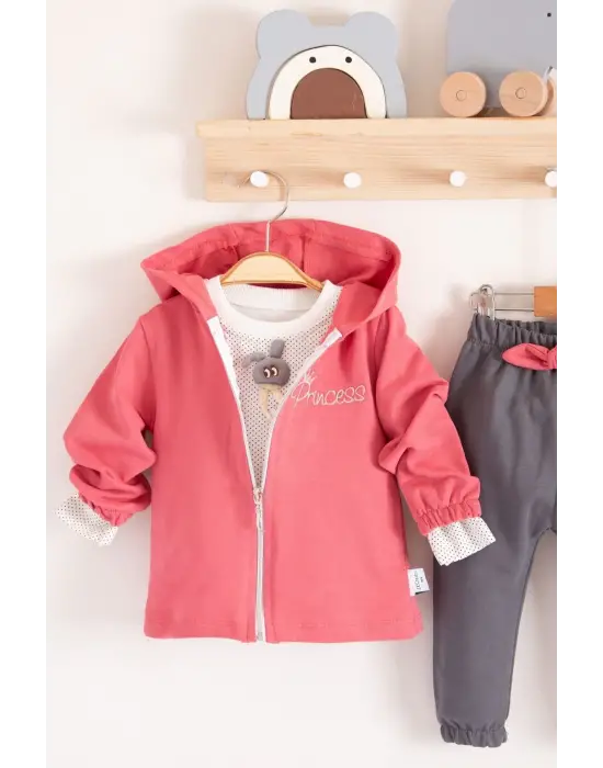 Prences Nakışlı Kapişonlu 3lü % 100 Pamuk Kız Bebek Takımı