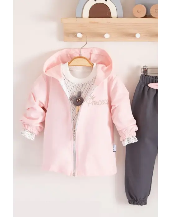 Prences Nakışlı Kapişonlu 3lü % 100 Pamuk Kız Bebek Takımı