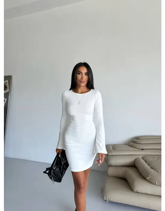 Prenses kol esnek kumaş elbise beyaz f2334