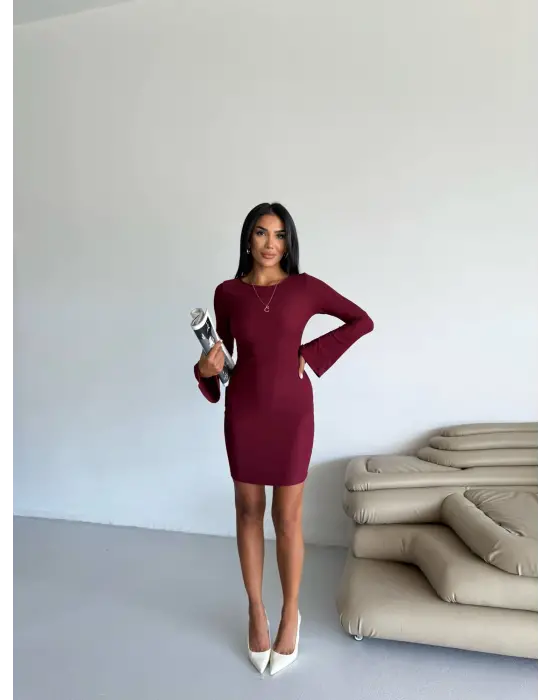 Prenses kol esnek kumaş elbise bordo f2334