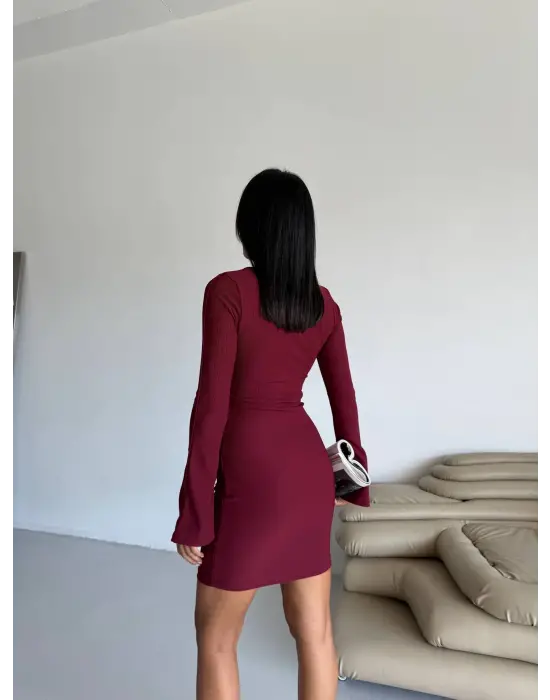 Prenses kol esnek kumaş elbise bordo f2334