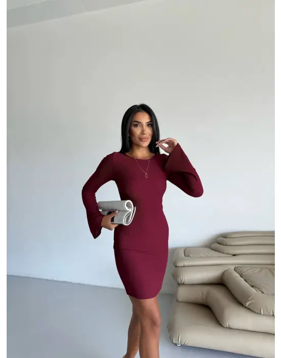 Prenses kol esnek kumaş elbise bordo f2334