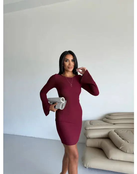 Prenses kol esnek kumaş elbise bordo f2334