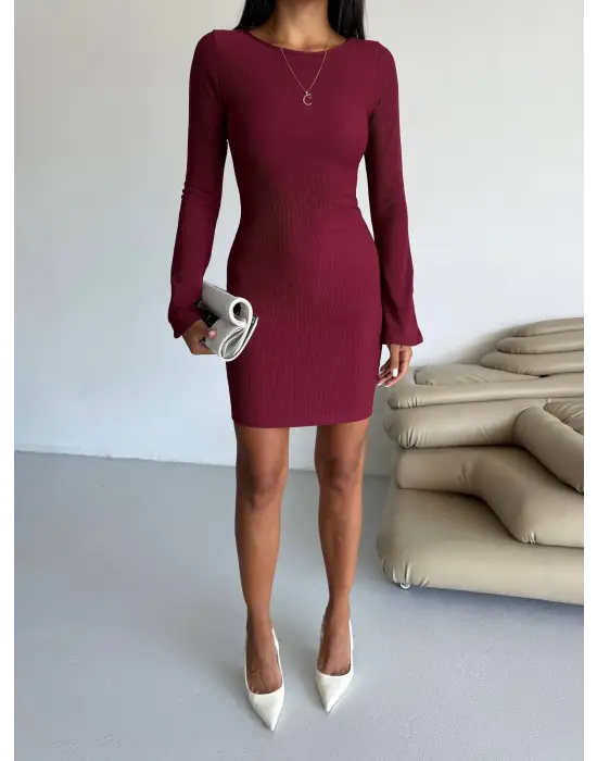 Prenses kol esnek kumaş elbise bordo f2334