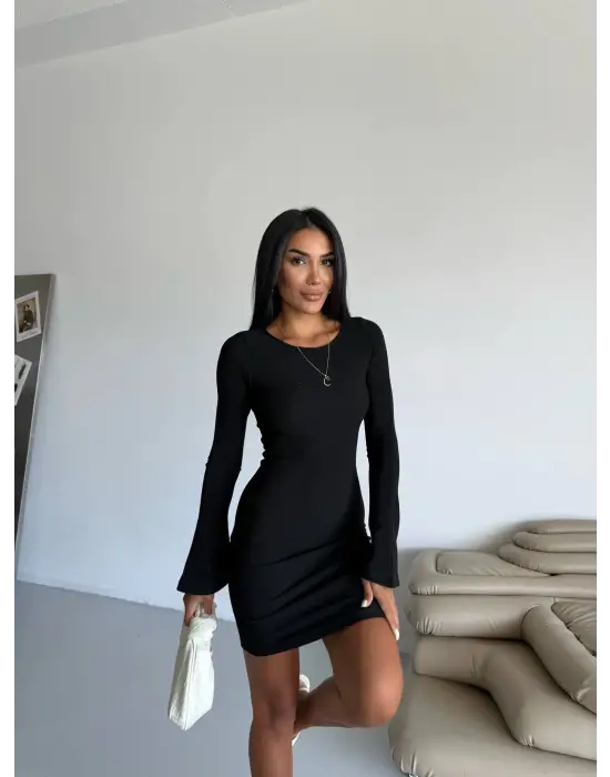 Prenses kol esnek kumaş elbise siyah f2334