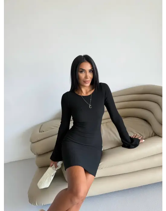 Prenses kol esnek kumaş elbise siyah f2334