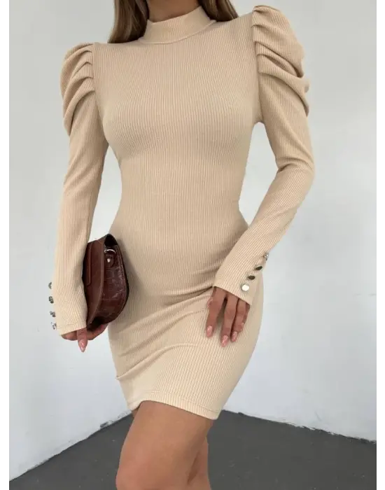 Prenses Omuz Kol Ucu Düğmeli Elbise  -Bej