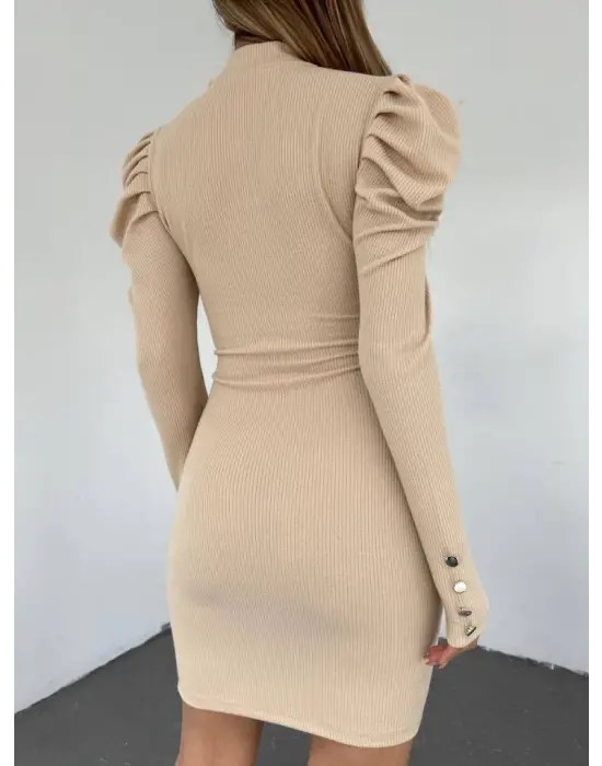 Omarı Zarif Prenses Omuz Detaylı Elbise - Bej