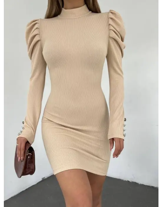 Prenses Omuz Kol Ucu Düğmeli Elbise  -Bej