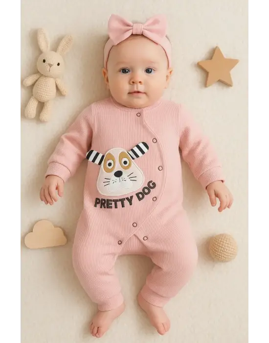 Pretty Dog Nakışlı Bandanalı % 100 Pamuk Kız Bebek Tulumu
