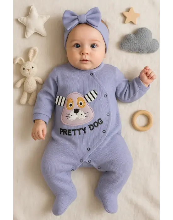 Pretty Dog Nakışlı Bandanalı % 100 Pamuk Kız Bebek Tulumu