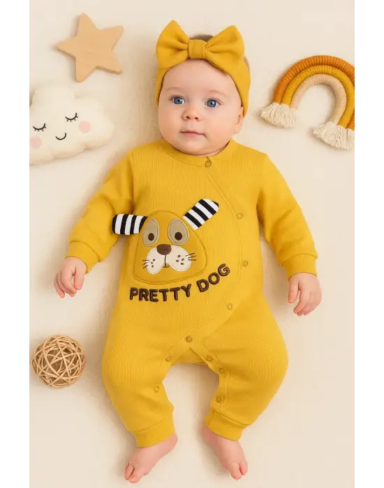 Pretty Dog Nakışlı Bandanalı % 100 Pamuk Kız Bebek Tulumu