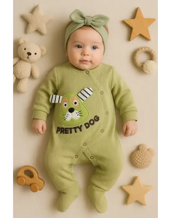 Pretty Dog Nakışlı Bandanalı % 100 Pamuk Kız Bebek Tulumu