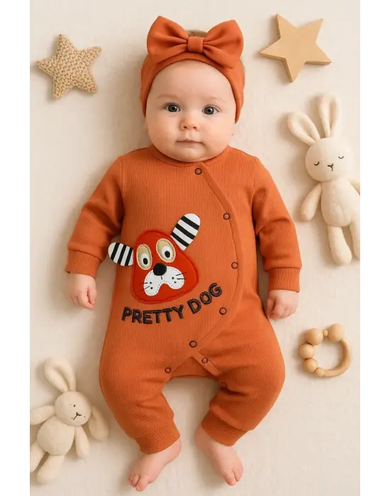 Pretty Dog Nakışlı Bandanalı % 100 Pamuk Kız Bebek Tulumu
