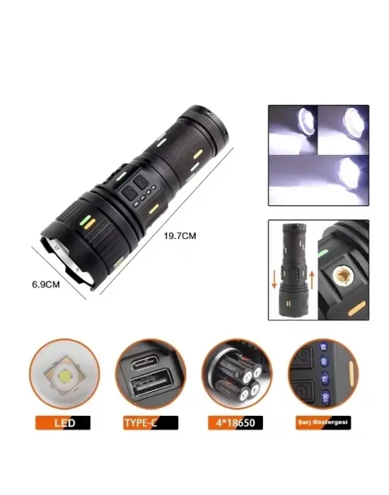 Pro F-3001 Alüminyum Tg Led Güç Göstergeli Type-c Şarjlı El Feneri 100 W