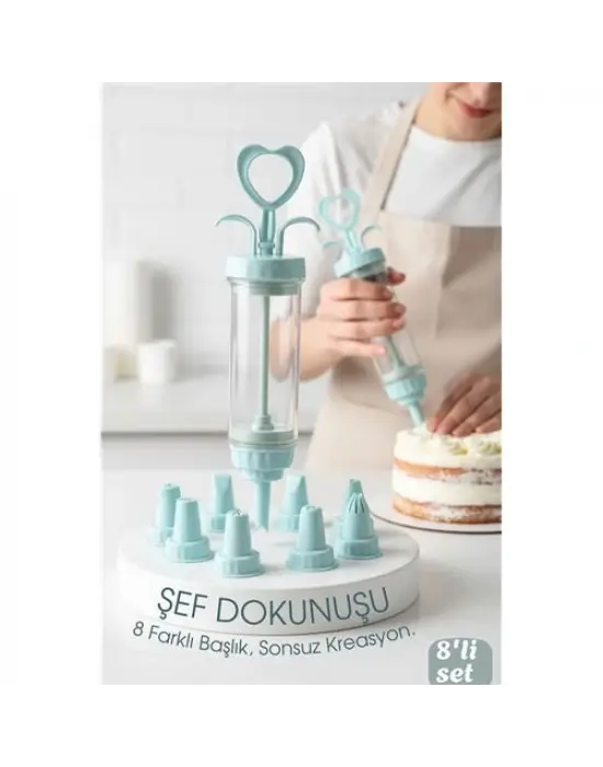 Profesyonel 8li Başlıklı Pasta Krema Süsleme Pompası Seti Enjektör Uçlu