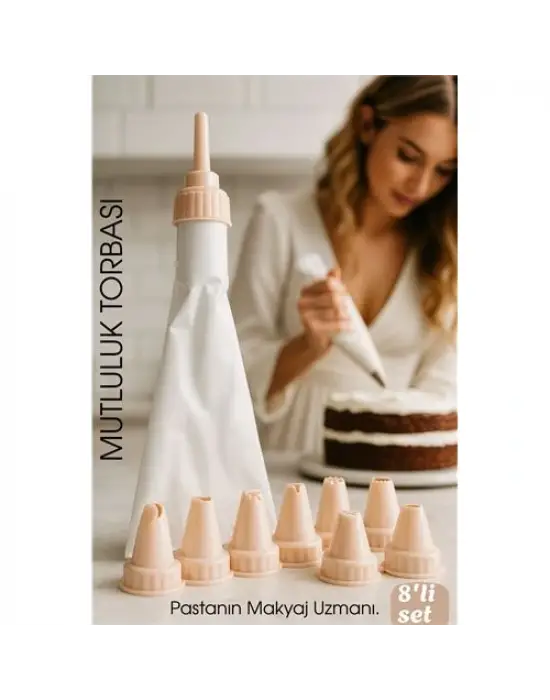 Profesyonel 8li Krema Sıkma Torbası Seti | Pastacılık Dekorasyon Uçları ve Fırfır Başlıkları
